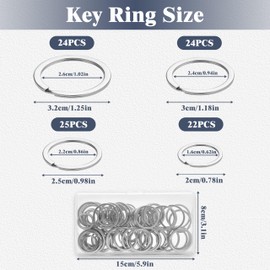 Pack of 100 Key Rings 4 Sizes Flat Key Ring (20 mm, 25 mm, 30 mm, 32 mm) Stainless Steel Key Ring with Plastic Box Key Ring for Organising Household Keys DIY Projects
