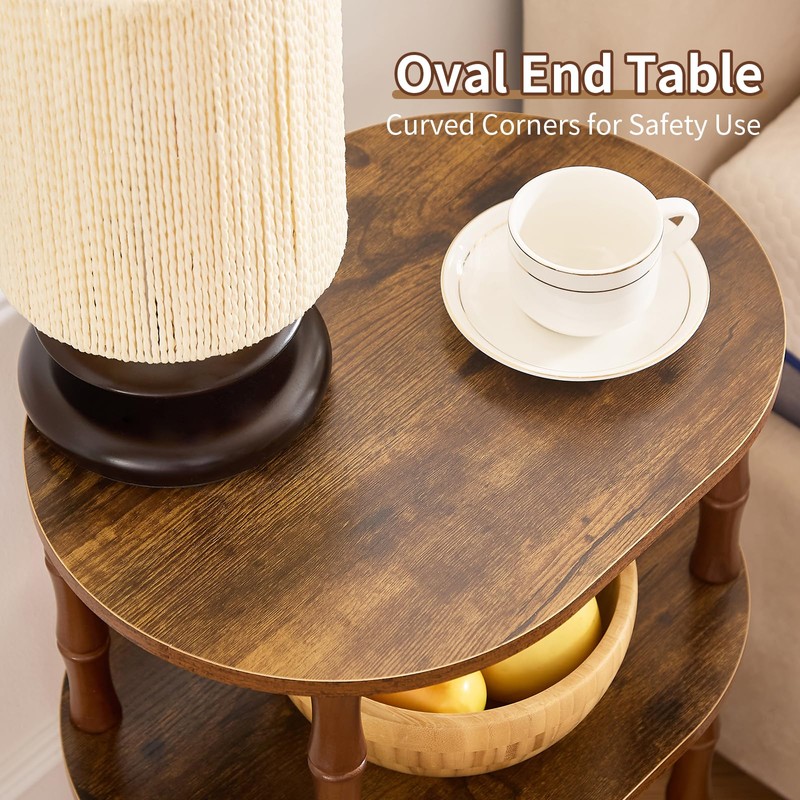 Oval Side Table, Small End Table with 3-Tier Storage Shelf,