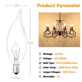 Brightever 12-Pack Vintage Incandescent Light Bulbs 40W, Dimmable 2500K Warm White Clear Flame Tip Candelabra Light Bulbs, 380Lm E12 Small Screw Edison Candle Bulbs for Chandeliers, Ceiling Fan Lights