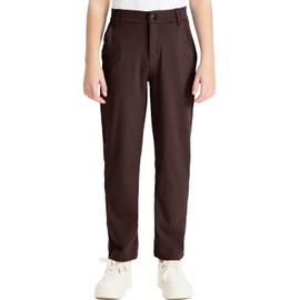 DEVOROPA Youth Boys Flat Front Dress Pants Stretch Golf Athletic Casual School Uniform Chino Twill Sweat Pants Pockets Brown 2XL