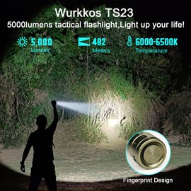 Wurkkos TS23 Tactical Flashlight,5000 High Lumens Rechargeable Flashlight,70.3 HI LED 482M Attack Head LED Flashlights,IP68 Waterproof Flashlights for Emergency,Repair,Camping,Hiking(Olive Green)