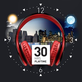 iJoy ISO Bluetooth 5.0 Auriculares estéreo plegables inalámbricos con batería de 30 horas y micrófono integrado, color negro y rojo