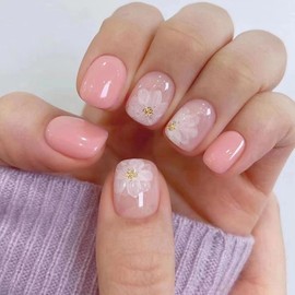 24 Pcs Hot Pink Press on Nails Short Square - YEFIUO Cute Fake Nails Press ons Spring Glossy Nail Tips Full Cover False Nails with Flower Design Glue on Nails Kit Acrylic Set Nail Art DIY for Women