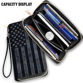 FGDRFGRW Wallet,Large Capacity RFID Blocking Leather Wallet, Durable Smooth Zipper Clutch,Unisex Travel Wallet for Cards,Cash,and Coins, FBA-Black and white American Flag