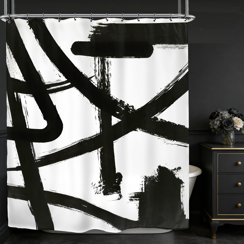 Kalmico Black White Abstract Shower Curtain 60Wx72L Inch Modern Line