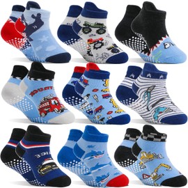Welwoos Baby Boys Toddlers Grips Socks Kids Non Slip Anti Skid Ankle Fun Gifts Cotton No Show Socks with Grippers 9 Pairs (Trucks, 5-8 Years)