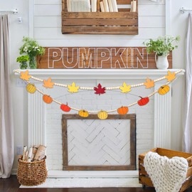 2Pcs Fall Decorations Harvest Wood Bead Garland, Yellow Orange Brown Pumpkin Maple Leaf Shape Felt Banner Rustic Autumn Room Décor for Fireplace Mantle Shelf Wall Thanksgiving Party Home Decor, 50"
