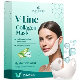 PLANTIFIQUE V-Line Collagen Mask for face 15 PCS, Chin Strap for Women & Men, V Line Lifting Mask with Collagen, V Shape Face Tape Chin and Neck Mask for Skin Firming