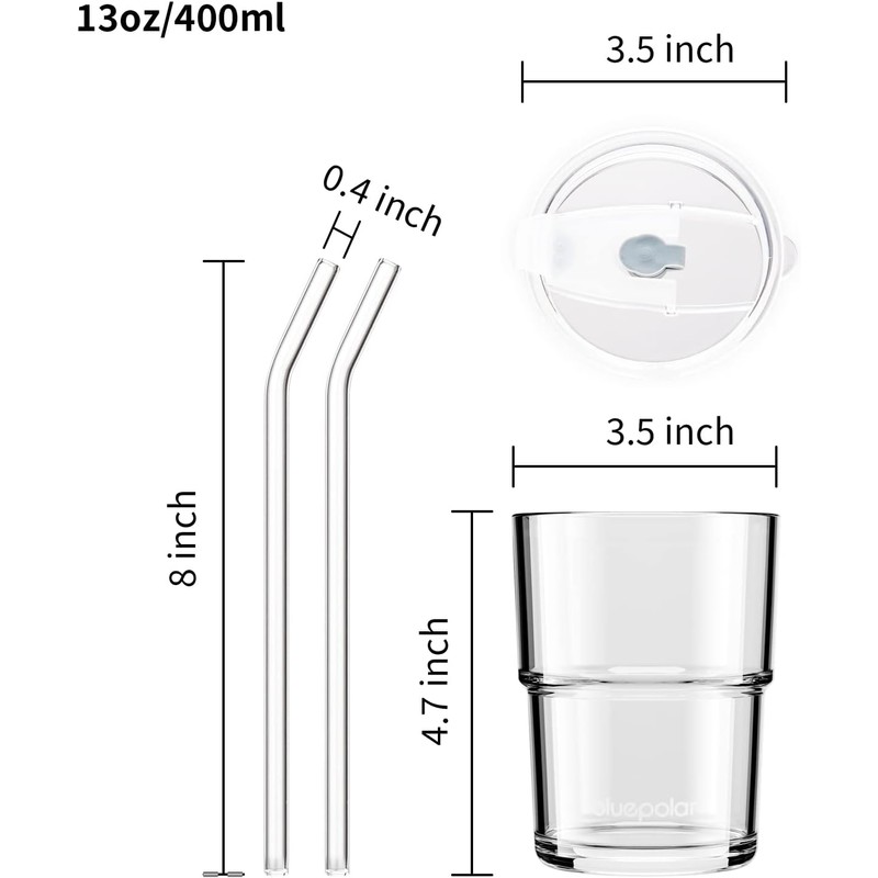 13oz/400ml Glass Water Tumbler with Straw and Lid Sealed Carry