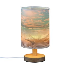 YEGAME Starfish Summer Beach Bedside Table Lamp for Bedroom Nightstand, Small Eye Care LED Desk Reading Lamp USB Port Wood Base Round Flaxen Fabric Shade for for Kids Room Living Room Office Desk