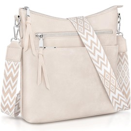 LUROON Women's Medium Lightweight Shoulder Bag Large with Many Compartments PU Leather Crossbody Bags Women's Handbag with Adjustable Wide Shoulder Strap, White