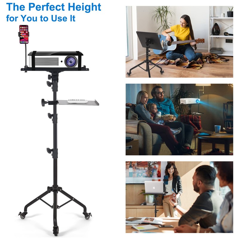 Tossbiss Laptop Tripod on Wheels with 2 Shelves, Portable Projector