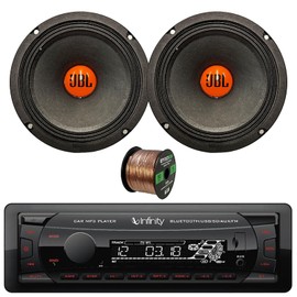 Car Audio Package: Single DIN Bluetooth USB/AUX/SD FM Radio MP3 Digital Media Black Vehicle Receiver with 6.5" 300 Watt Peak Power Midrange Woofer Car Audio Speakers (Pair), Speaker Wire