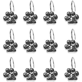 Set of 12 Cat Paw Print Decorative Shower Curtain Hook, Cute Dog Cat Bear Animal Footprints Shower Curtain Rings Polished Chrome Bathroom Decorative Shower Curtain Hooks Hangers