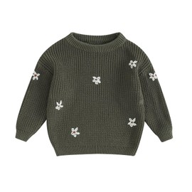Autumn Winter Warm Outfits Baby Girl Cute Long Sleeve Knitted Sweater Pullover Top(K-Army Green Flower,6-9 Months)