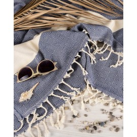 LAYNENBURG Premium Hammam Towel with Hand-Knotted Fringes - 100% Cotton - XXL beach Towel, 95 x 180 cm - Oeko Tex 100 - Large Beach Towel, Chequered Pattern - Travel Towel and Sauna Towel (Navy Blue)