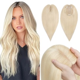 Hairro 100% Real Human Hair Toppers for Women No Bang, Clip in Real Hairpieces, Breathable Silk Base for Covering Greyish Thinning Hair Loss on Top, 10 Inch Platinum Blonde