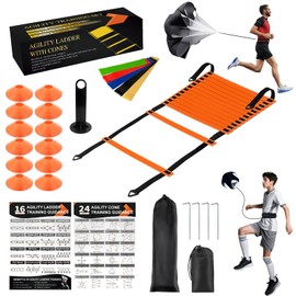 Speed Agility Ladder Soccer Training Equipment Set-20ft Agility Ladder, 12 Soccer Cones, Running Parachute, Soccer Kick Trainer, 5 Resistance Bands, Football Training Equipment for Kids Youth Adults