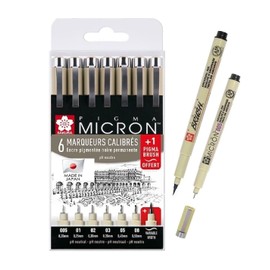 Sakura Pigma Micron-Set 7 Fineliners .005,01,02,03,05,08, Brush Made in Japan