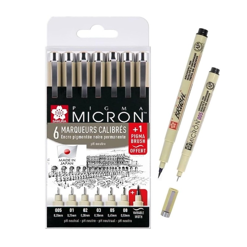 Sakura Pigma Micron-Set 7 Fineliners .005,01,02,03,05,08, Brush Made in Japan