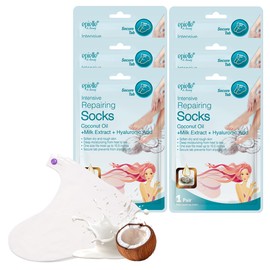 Epielle Intensive Repairing Foot Masks 6 Pairs, Deep Moisturizing Socks for Dry Feet & Cracked Heels, Repair with Coconut Oil & Milk Extract, Korean Skin Care, Spa Set, Self Care Gifts for Women