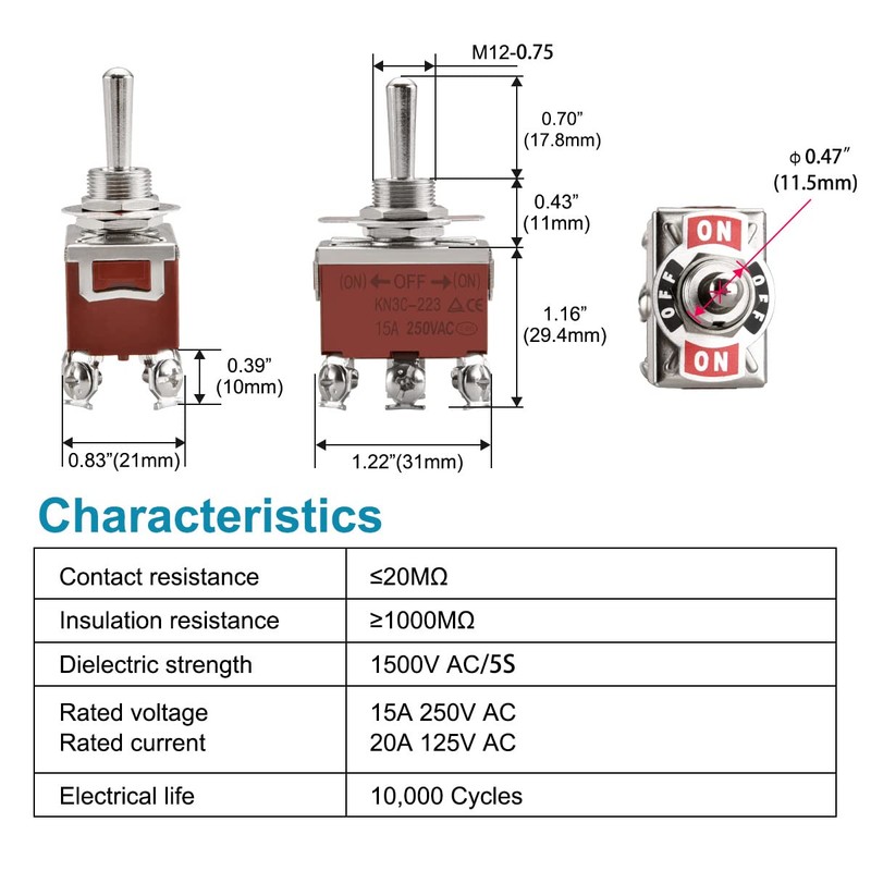 Heschen Metal Toggle Switch HS-223 DPDT Momentary Type (ON)/OFF/(ON) 3