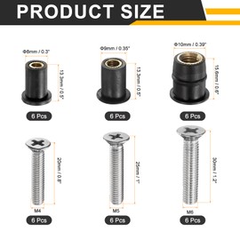 sourcing map 18 Pairs M4 M5 M6 Neoprene Well Nuts with Stainless Steel Screw, Rubber Well Nuts Kit Brass Copper Bolt, Universal Motorcycle Fasteners for Kayak Boat Windscreen