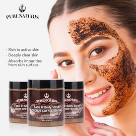 PureNaturis- Exfoliante de sal marina, café y coco: exfoliante e hidratante para rostro y cuerpo con ingredientes naturales