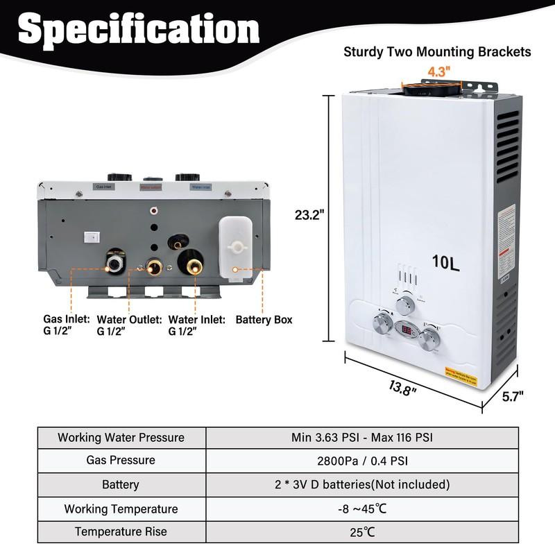TENGCHANG 10L 2.6 GPM LPG Gas Propane Instant Tankless Hot