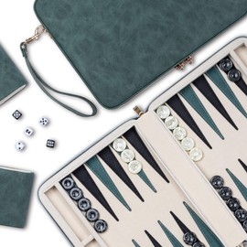 Backgammon Set, Deluxe Leather, Felt Interior, Classic Backgammon Board Game, Green
