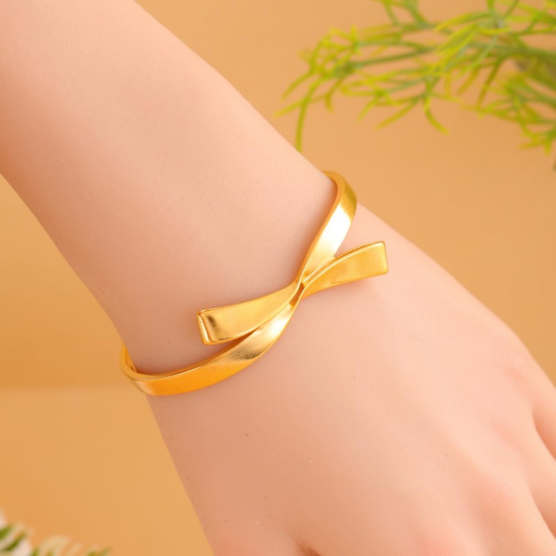 LUREME Golden Bowknot Bowtie Open Bangle Cuff Bracelets for Women(bl003590)