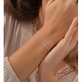 DORANA 3mm Thick Sterling Silver Bracelet for Women 925 Silver Figaro Chain Bracelet Ladies Bracelets Dainty Figaro Chain Bracelets Gift for Her