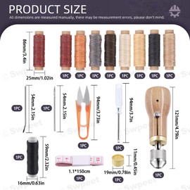 Swpeet 16Pcs Portable Leather Sewing Awl Kit Including Handheld Sewing Repair Awl, 9 Rolls Waxed Threads with Small Screwdriver, Straight and Bent Needles Measuring Tape Scissors Thimble for DIY Craft