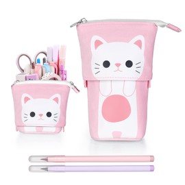 Vicloon Stand Pencil Holder, Telescopic Pencil Case with 2 Pencils Cartoon Cute Cat Pencil Pouch Canvas Pencil Holder Stationery Makeup Bag for Students and Office Supplies Pink