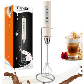 YUSWKO Beige Handheld Milk Frother Wand with Stand for Coffee, Rechargeable Electric Whisk with 3 Heads 3 Speeds Drink Mixer Coffee Frother For Latte, Cappuccino, Hot Chocolate, Egg