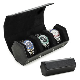 Contacts Saffiano Leather Watch Box 3 Slot Watch Travel Case Hexagon Watches Roll Watch Storage Organizer Watch Holder for 3 Pcs Watches (Black)
