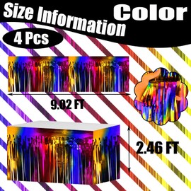 4 Pack 29x108 Inch Metallic Foil Fringe Tinsel Table Skirts for Rectangle Tables Streamer Backdrop for Wedding, Birthday, Parade Floats, Valentine's Day, Mardi Gras Party Decoration(Rainbow)