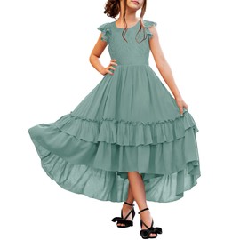 HOSIKA Flower Girl Dress Elegant Ruffle Sleeve Flowy Maxi Formal Bridesmaid Dress for Wedding Light Green 6-7 Years