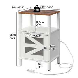 MAHANCRIS Farmhouse Nightstand with Charging Station, Rustic Bedside Table with USB Ports and Outlets, End Table Living Room with Storage, Side Table for Bedroom, White and Rustic Brown ETRW97E01