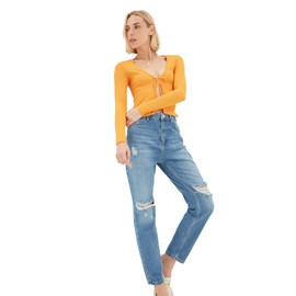 TRENDYOL Women's Blue Ripped Detailed High Waist Mother Jeans, Blue 01