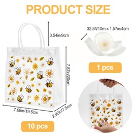 JEPELUS 10 PCS Bee Clear Plastic Gift Bags with Handles, PVC Bee Party Goodie Treat Bags, Cute Party Favor Bag with 1 Roll 32 Ft Ribbon, Gift Bag for Birthday Baby Shower Candy Snack Reveal Decor