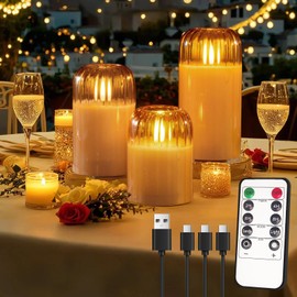 LEDHOLYT Rechargeable Jar Flameless Candle, Flashing LED Pillar Real Wax Candle with Remote Control and Timer, Gold Pumpkin Glass Electronic Candles for Room Decoration, 1 Set of 3