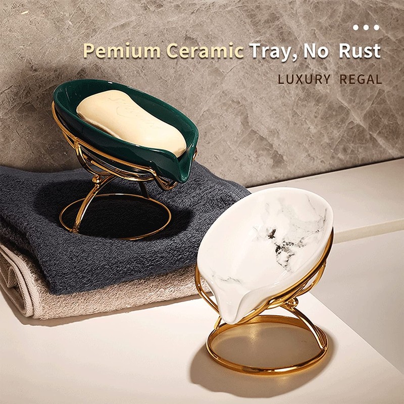 Dobbyby Leaf-Shaped Ceramic Soap Dish with Drain, Soap Holder, Soap