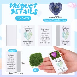 Motipuns 12 Sets Teacher Tokens of Appreciation in Bulk Thank You Teacher Gifts Bulk Emotional Support Crystal Natural Stones Green Moss Matchbooks Holiday Graduation Gifts for Women Men(Heart)