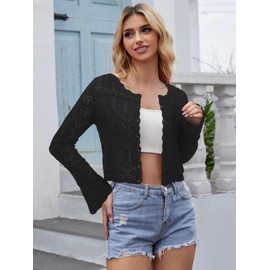 FAIRY SEASON Women's Cropped Cardigan Sweater Bell Long Sleeve Lightweight Crochet Button Down Open Front Casual Knit Bolero Shrugs 2025 Black