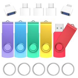 64GB USB 3.0 Flash Drives 5 Pack with USB C 3.0 Adapter and Keychains, Wooolken Swivel Thumb Drives USB Stick Drive Memory Stick