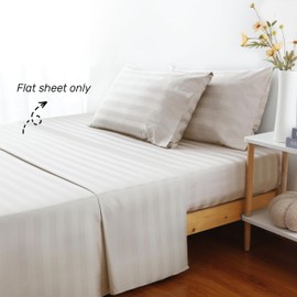 Flat Sheet Only Queen Size, 400 TC 100% Egyptian Cotton Flat Sheet Striped Satin-White Cotton Top Sheet- Wrinkle, Fade, Stain Resistant (Striped-Light Beige, Queen)