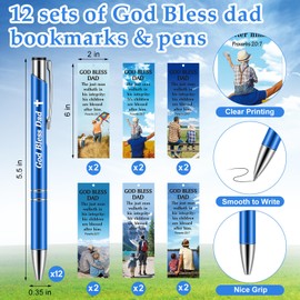 Dispowreath 24 Pcs/12 Sets Father's Day Christian Gift, God Bless Dad Bookmark Church Gift Include 12 Proverbs 20: 7 Bookmark 12 Religious Bible Verse Ballpoint Pen for Men Church Prizes Party Favors