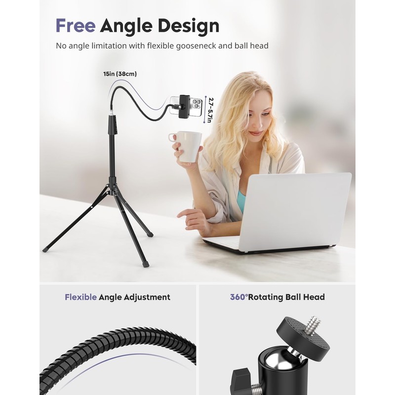 Aureday Phone Tripod, 92" Cell Phone Stand with 15" Gooseneck,