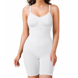 BRABIC Waist Trainer Bodysuit for Women Tummy Control Shapewear Round Neck Seamless Butt Lifter Full Body Shaper (XX-Large, White Mid Thigh)